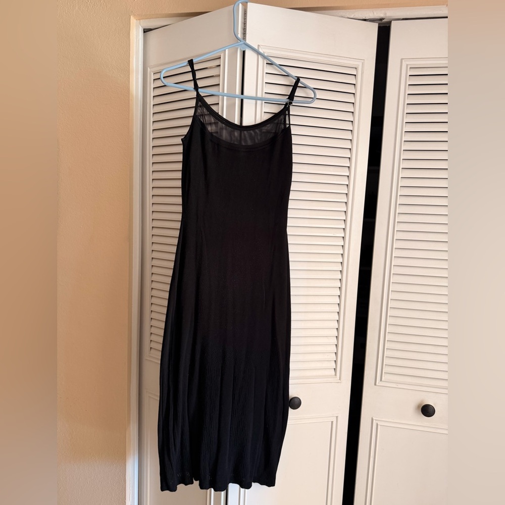 One of a kind 90s knit All Occassion black medi dress mesh neckline form lining